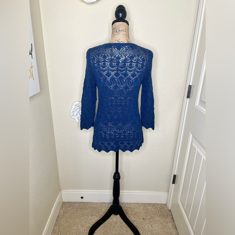 NTM Jeanne Pierre Blue Crochet Pullover Sweater NWT Scoop Neck 3/4 Sleeve Small - Picture 8 of 15